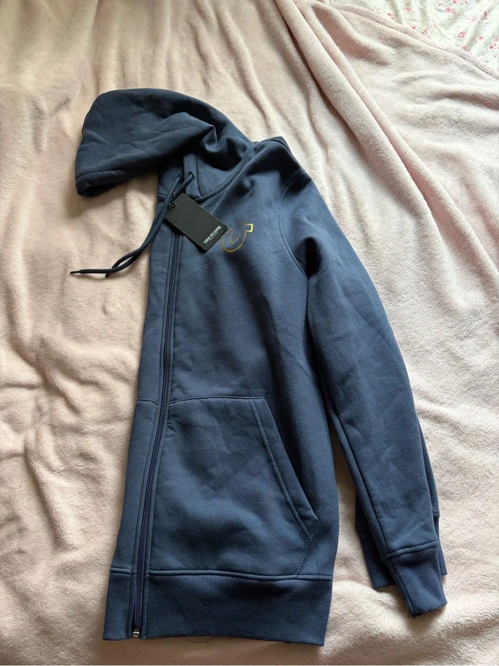 True Religion Navy Full-Zip Hoodie with Yellow Horseshoe Accent
